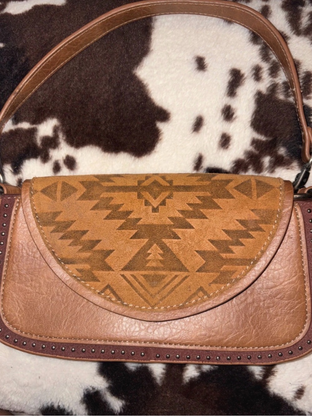 Tan Aztec-Pattern Shoulder Bag with Stud Detail